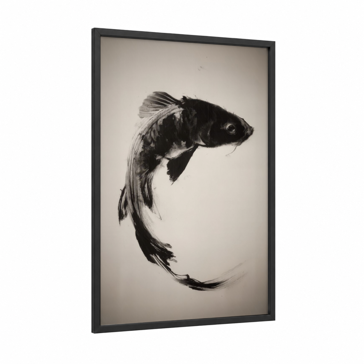 Graceful Dragon Fish framed art print — black wood frame — black and white and cream palette