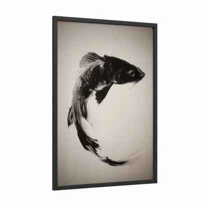Graceful Dragon Fish framed art print — black wood frame — black and white and cream palette