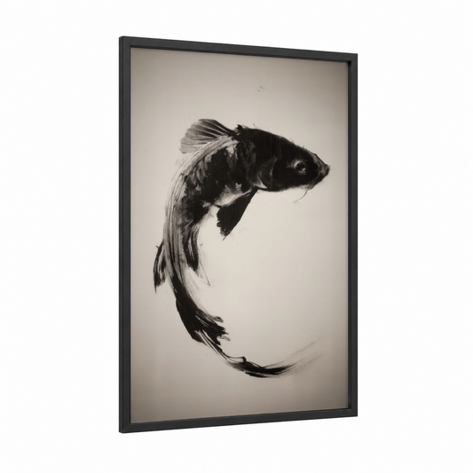 Graceful Dragon Fish framed art print — black wood frame — black and white and cream palette