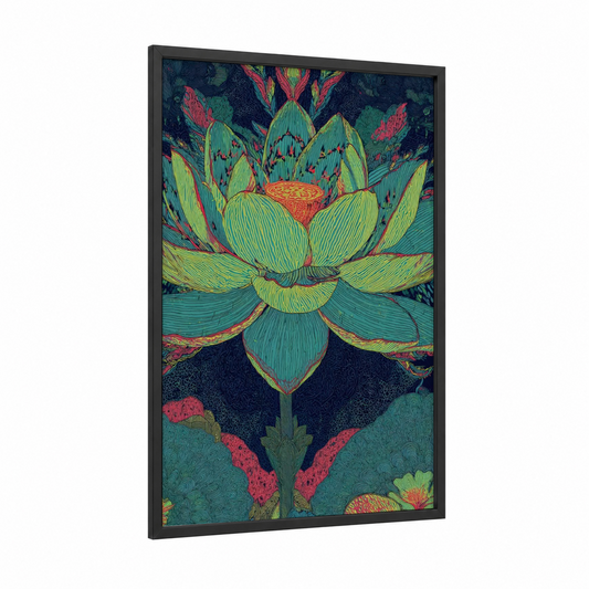 Vibrant Lotus Bloom framed art print — black wood frame — teal and yellow gold palette