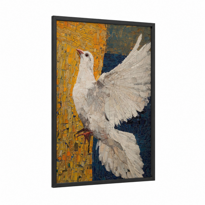 Peaceful Dove framed art print — black wood frame — gold and blue palette