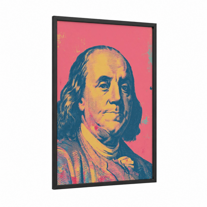 Pop Art Benjamin framed money print — black wood frame — blue and gold palette