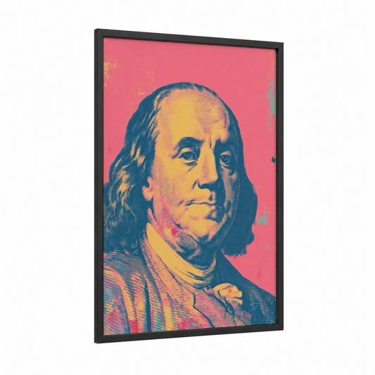 Pop Art Benjamin framed money print — black wood frame — blue and gold palette