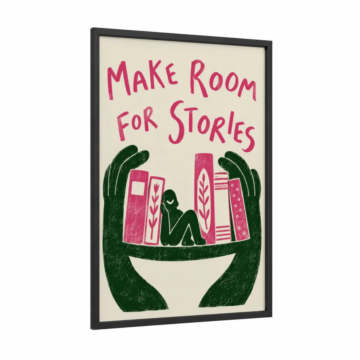 Reading Book Lover Minimalist Wall Art framed art print — black wood frame — pink and dark green palette