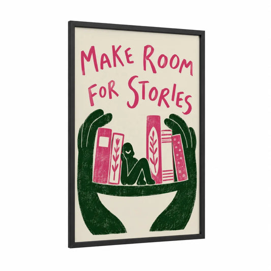 Reading Book Lover Minimalist Wall Art framed art print — black wood frame — pink and dark green palette