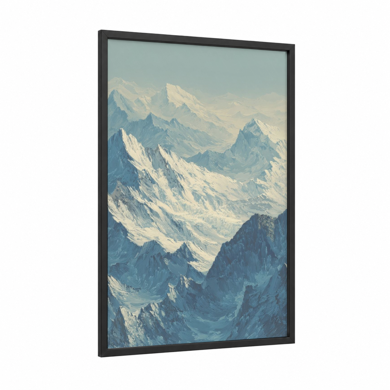 Alpine Peaks Morning framed snowy mountains print — black wood frame — blue and white and dove gray palette