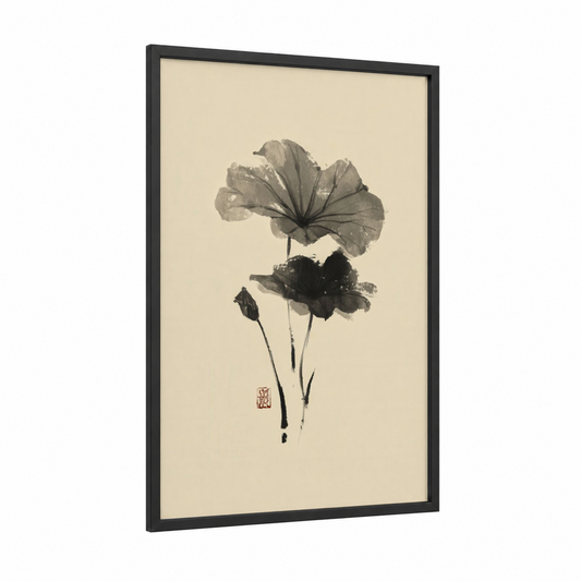 Ink Orchid framed art print — black wood frame — gray and cream palette