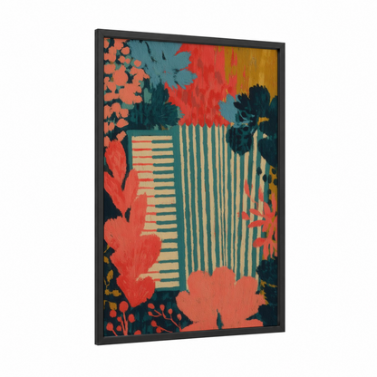 Vibrant Accordion Garden framed art print — black wood frame — red and teal palette