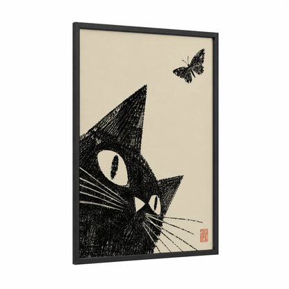 Black Cat and Butterfly Wall Art framed art print — black wood frame — black and white and cream palette