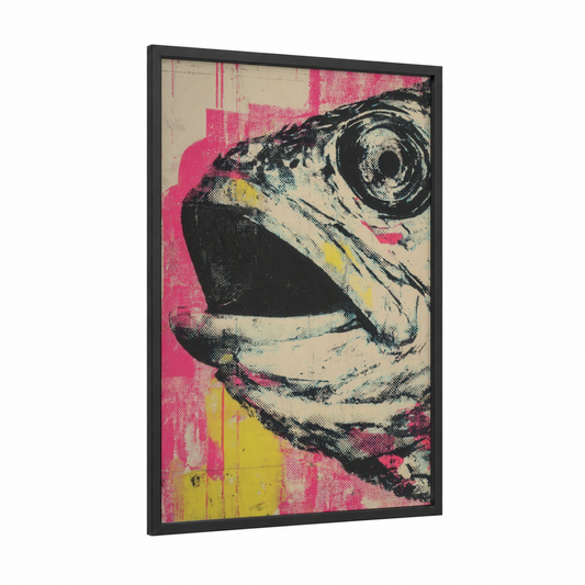 Pink Snook Pop framed art print — black wood frame — magenta and yellow gold palette