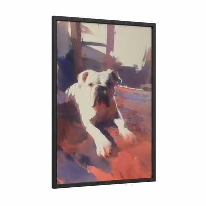 Sunlit Bulldog framed art print — black wood frame — gold and lavender palette