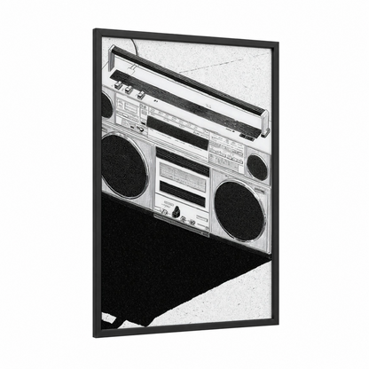 Vintage Boombox framed art print — black wood frame — black and white palette
