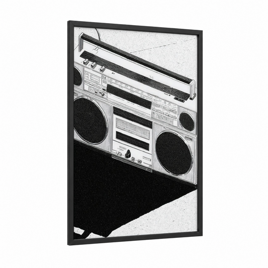 Vintage Boombox framed art print — black wood frame — black and white palette