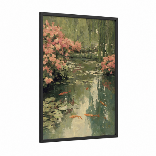 Garden Pond Spring framed art print — black wood frame — sage green and salmon pink palette
