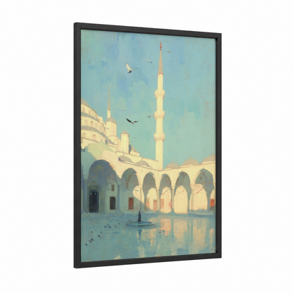 Serene Mosque Courtyard framed islam print — black wood frame — blue and white and gold palette