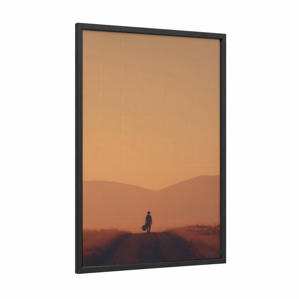 Solitary Wanderer framed country print — black wood frame — russet and peach palette