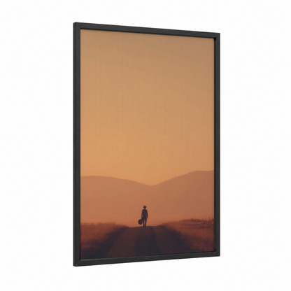 Solitary Wanderer framed country print — black wood frame — russet and peach palette