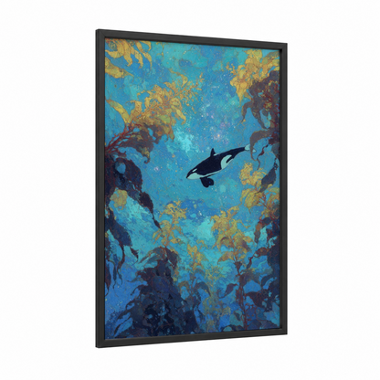 Golden Kelp Orca framed orca whale print — black wood frame — gold and blue palette