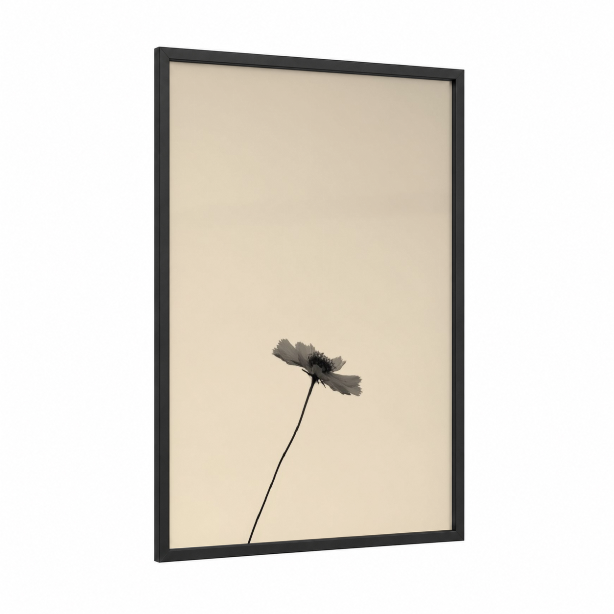 Solitary Bloom framed abstract flower print — black wood frame — beige and gray palette