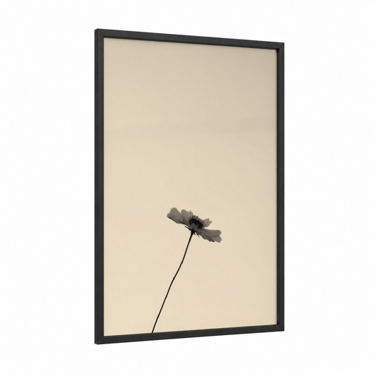 Solitary Bloom framed abstract flower print — black wood frame — beige and gray palette