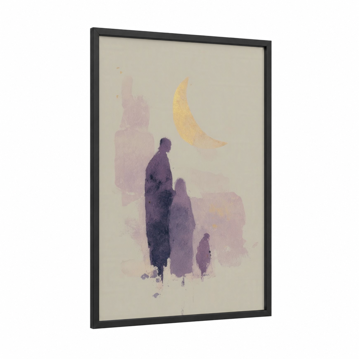 Moonlit Prayer framed islam print — black wood frame — lavender and gold palette