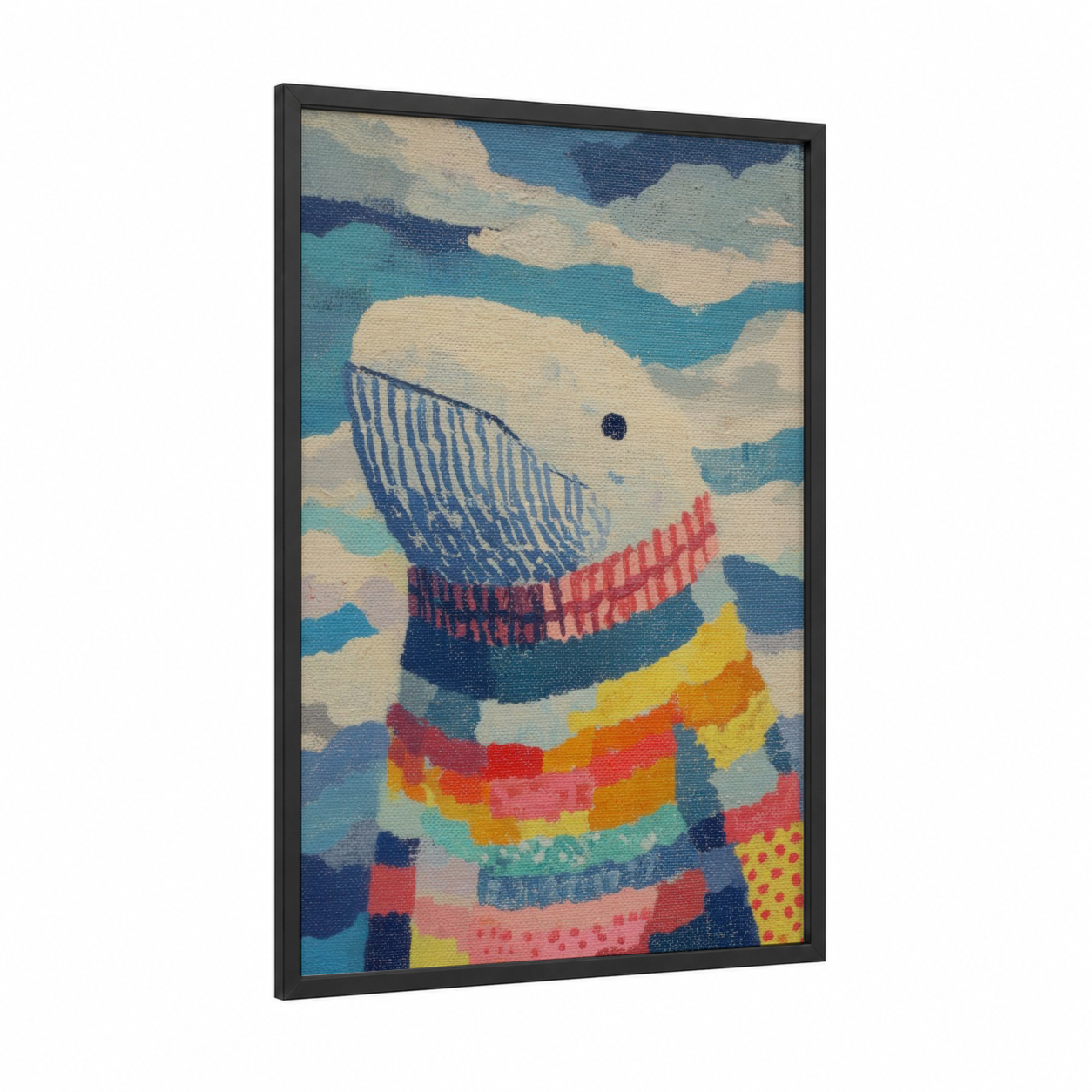 Whimsical Whale framed gray whale print — black wood frame — blue and white and yellow palette