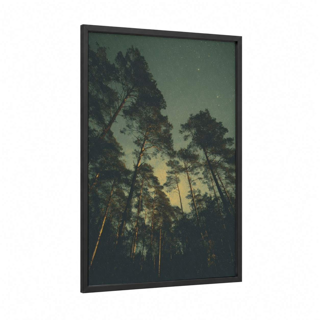 Starlit Pine Forest framed art print — black wood frame — dark green and gold palette