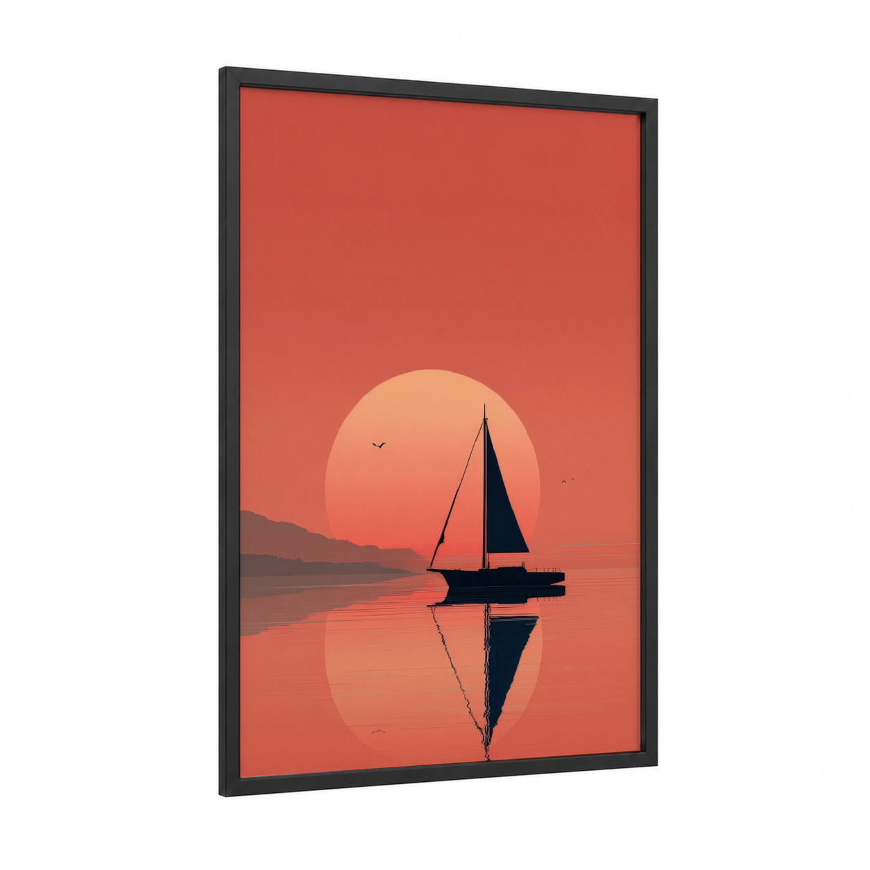 Sunset Sailboat framed sailing ship print — black wood frame — red and peach palette