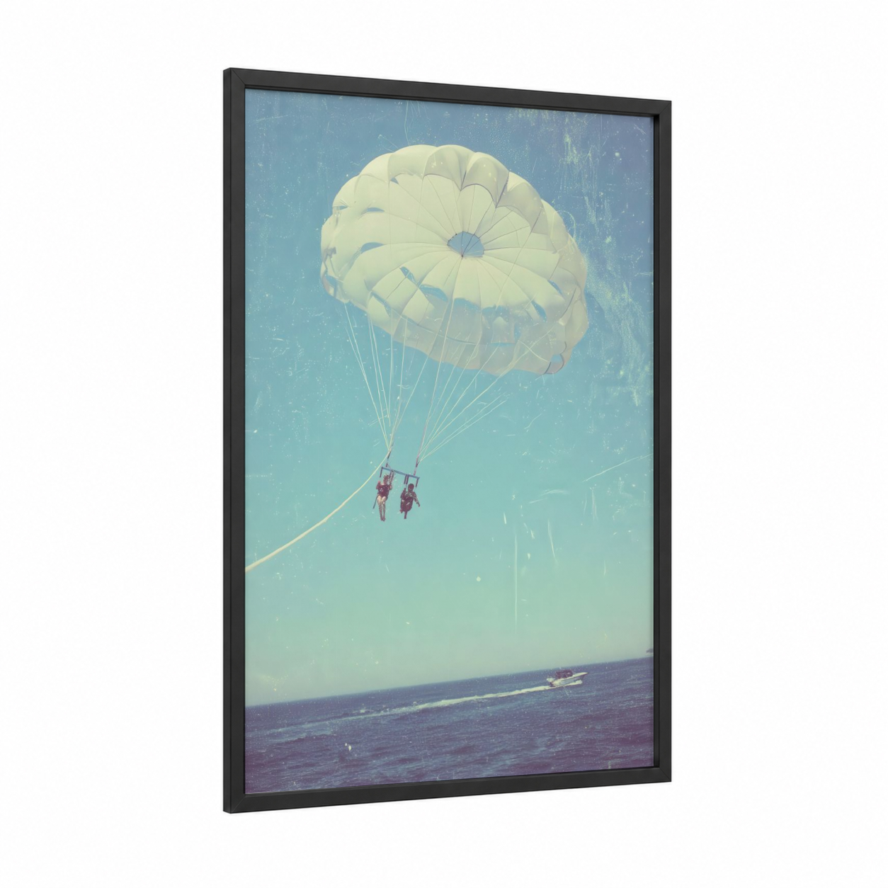 Tropical Parasailing Adventure framed art print — black wood frame — blue and cream palette