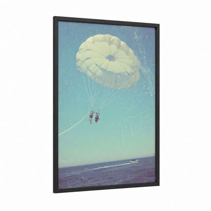 Tropical Parasailing Adventure framed art print — black wood frame — blue and cream palette