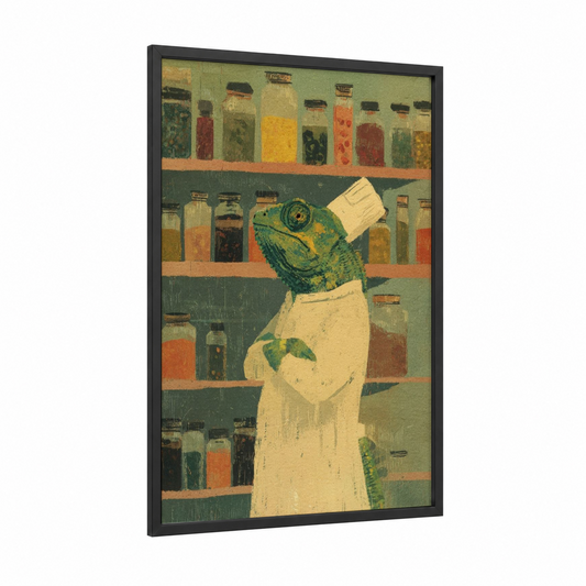 Scholarly Chameleon framed art print — black wood frame — sage green and beige palette
