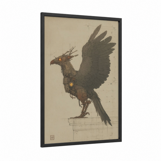 Steampunk Griffin framed art print — black wood frame — brown and gold palette