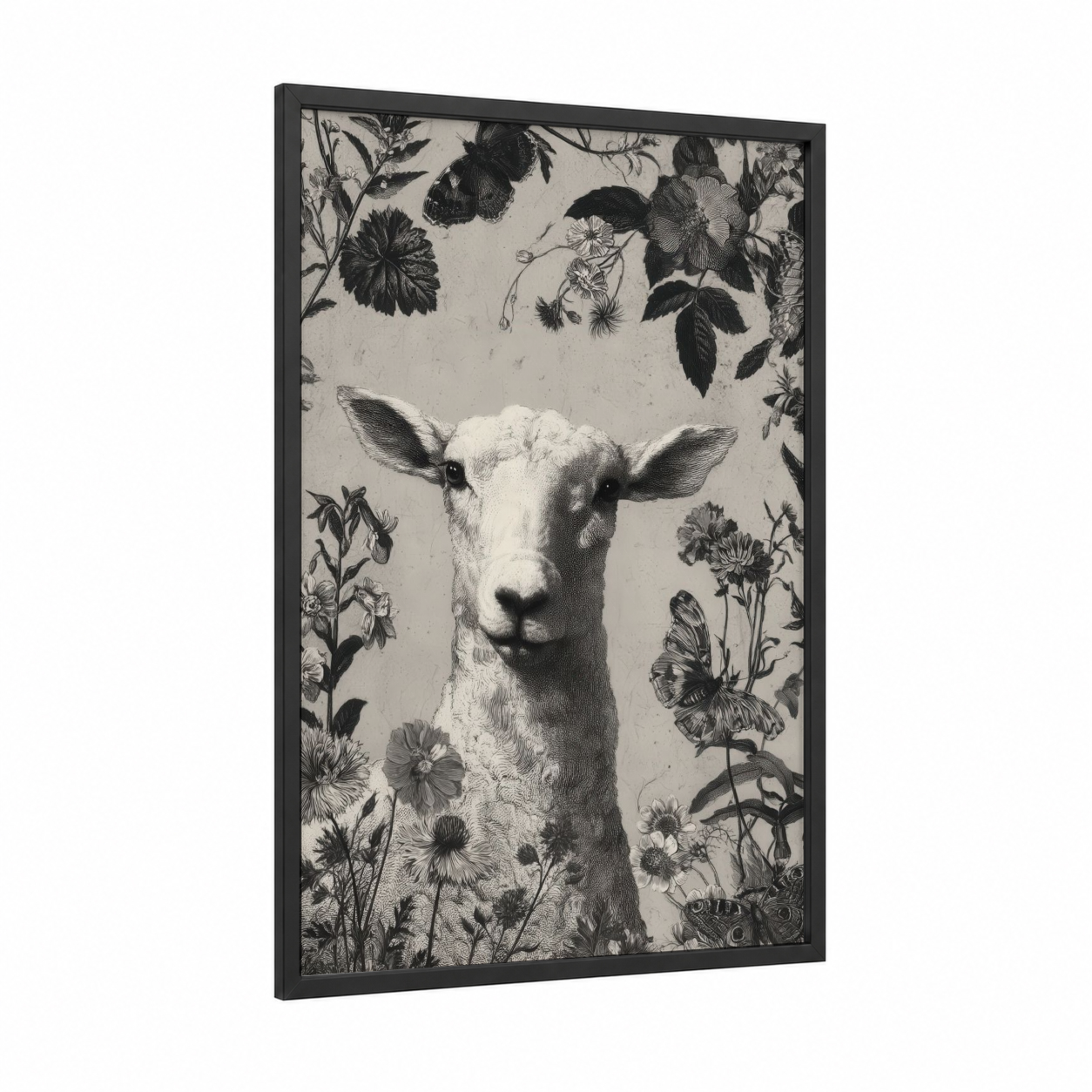 Botanical Sheep framed art print — black wood frame — black and white and gray palette