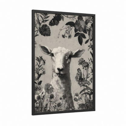 Botanical Sheep framed art print — black wood frame — black and white and gray palette