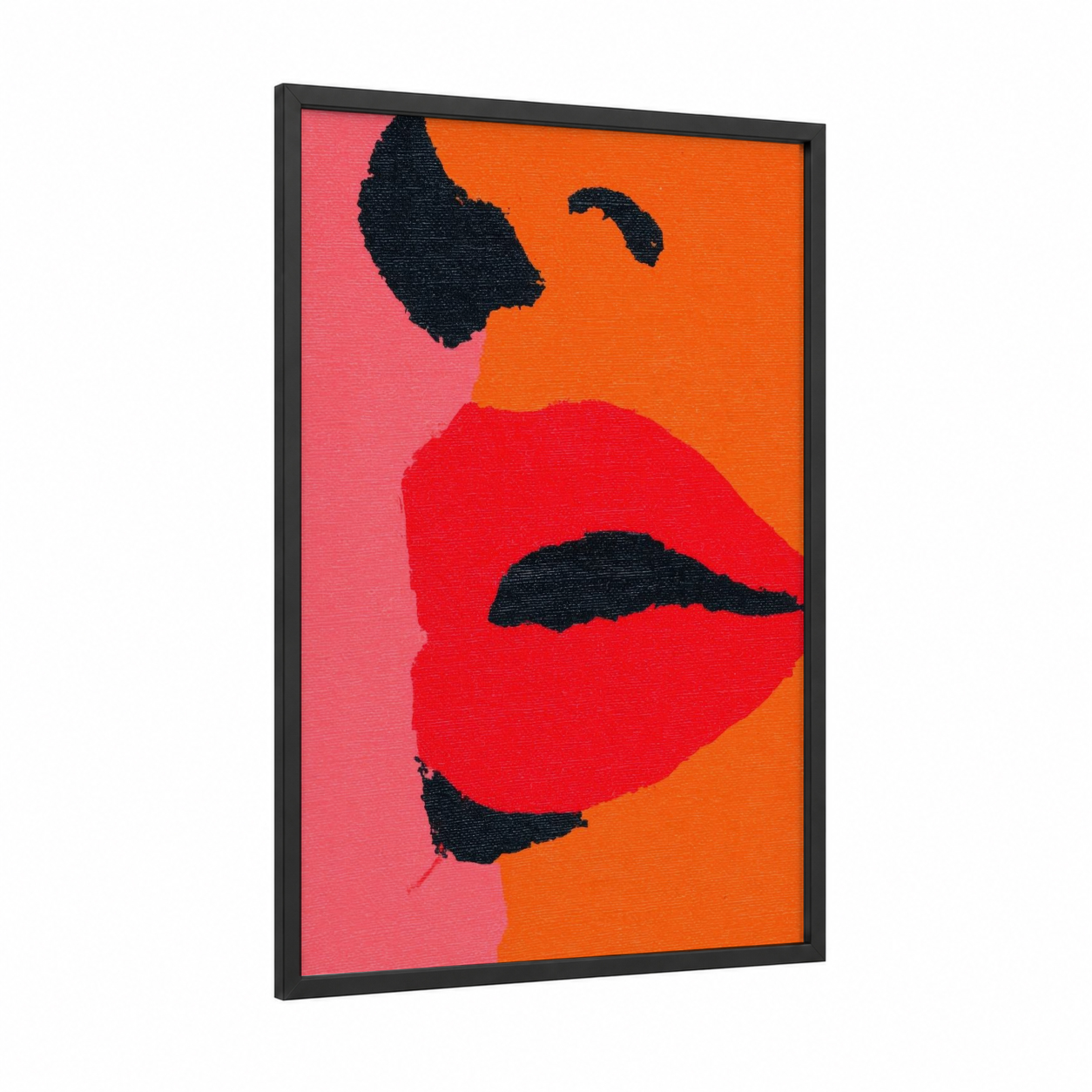 Bold Lip Portrait framed art print — black wood frame — red and orange palette