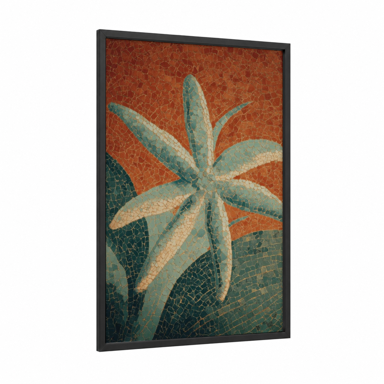 Mosaic Starfish framed art print — black wood frame — russet and teal palette