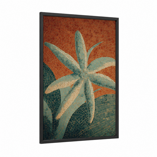 Mosaic Starfish framed art print — black wood frame — russet and teal palette