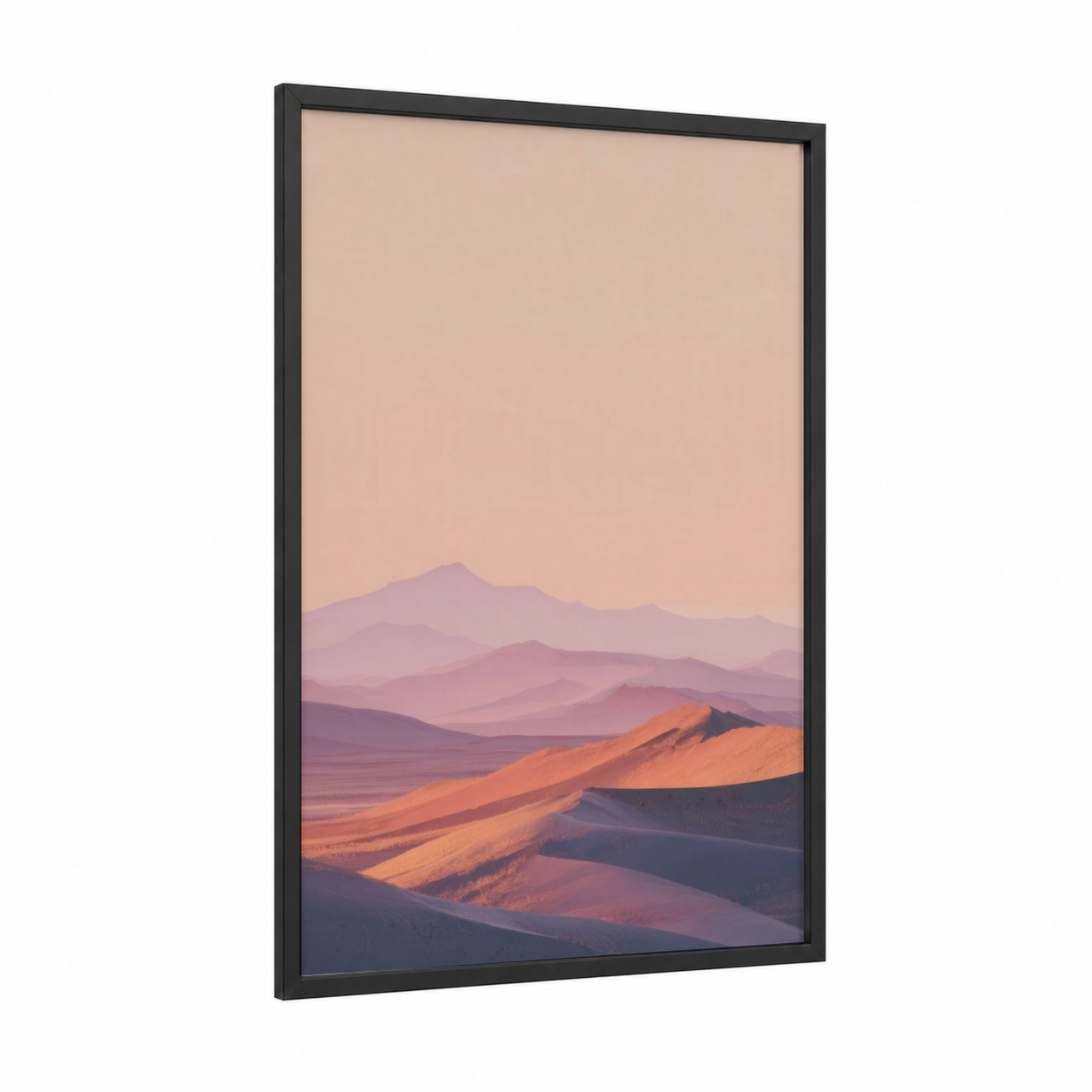 Golden Desert Sunrise framed art print — black wood frame — peach and lavender palette