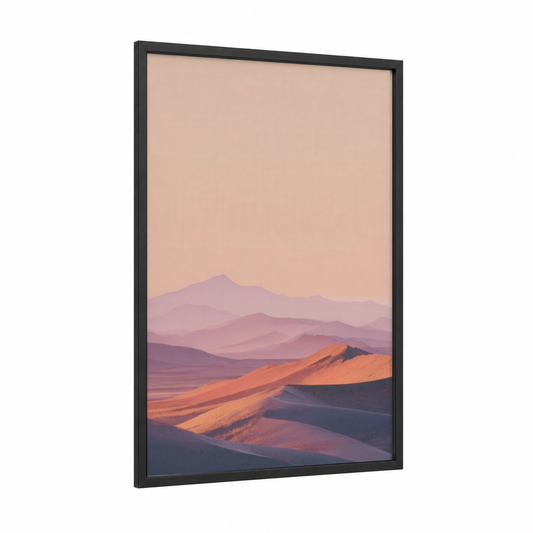 Golden Desert Sunrise framed art print — black wood frame — peach and lavender palette