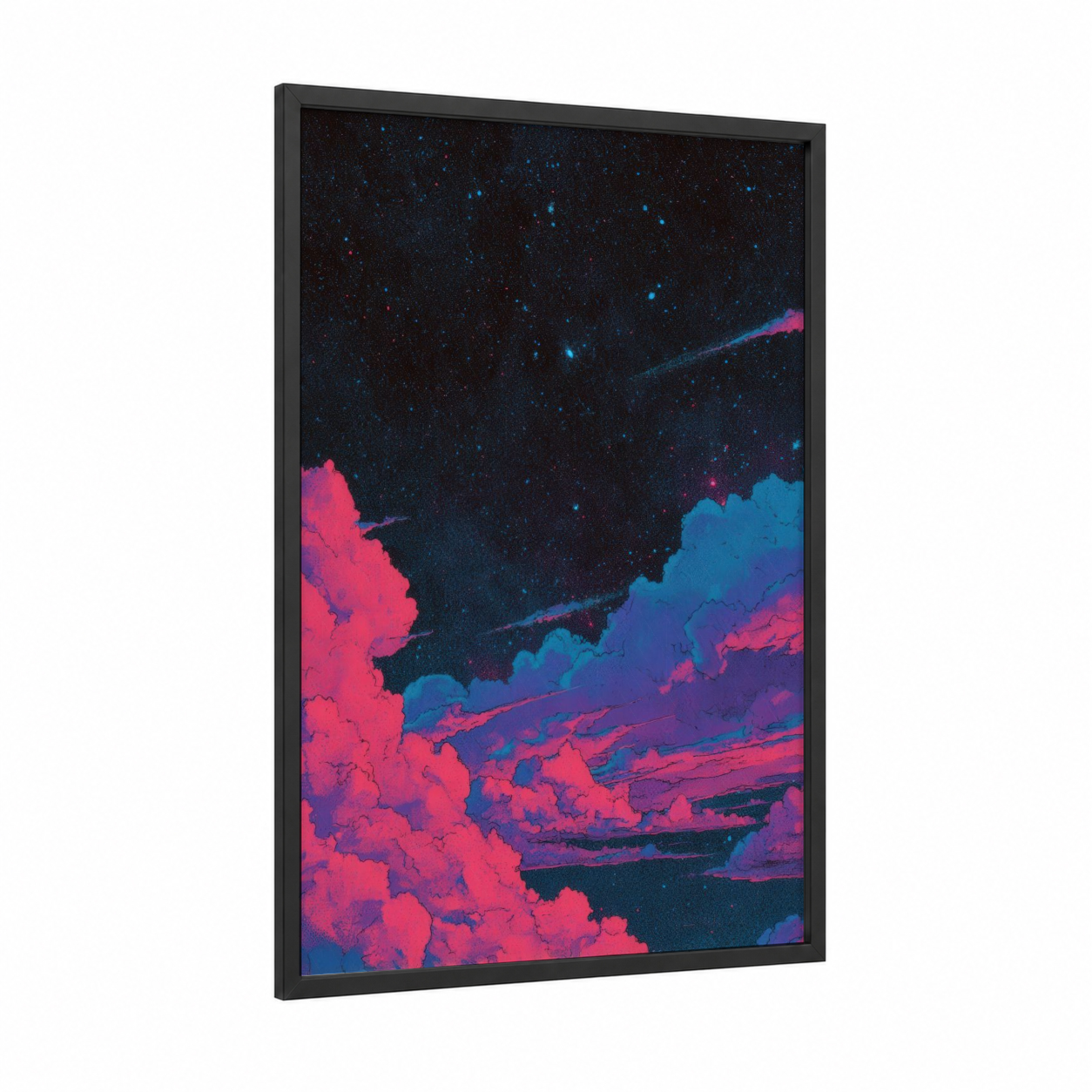 Cosmic Aurora Nebula framed art print — black wood frame — magenta and blue palette