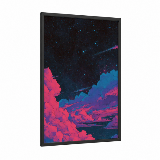 Cosmic Aurora Nebula framed art print — black wood frame — magenta and blue palette