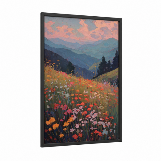 Alpine Wildflower Sunrise framed art print — black wood frame — peach and sage green palette