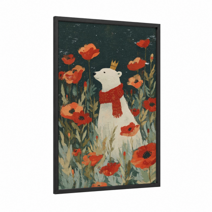 Poppy Bear framed polar bear print — black wood frame — red and dark green palette