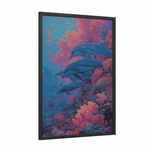 Coral Reef Dolphins framed art print — black wood frame — blue and magenta palette