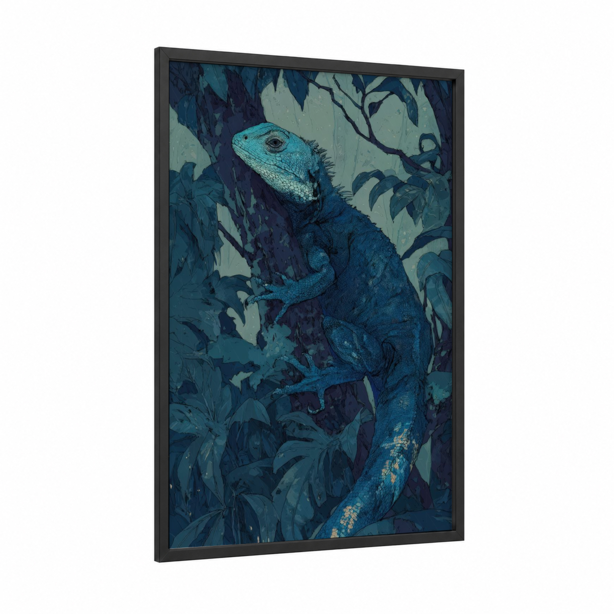 Turquoise Basilisk framed art print — black wood frame — teal and dark blue palette