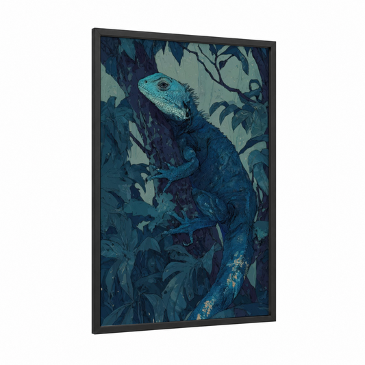 Turquoise Basilisk framed art print — black wood frame — teal and dark blue palette