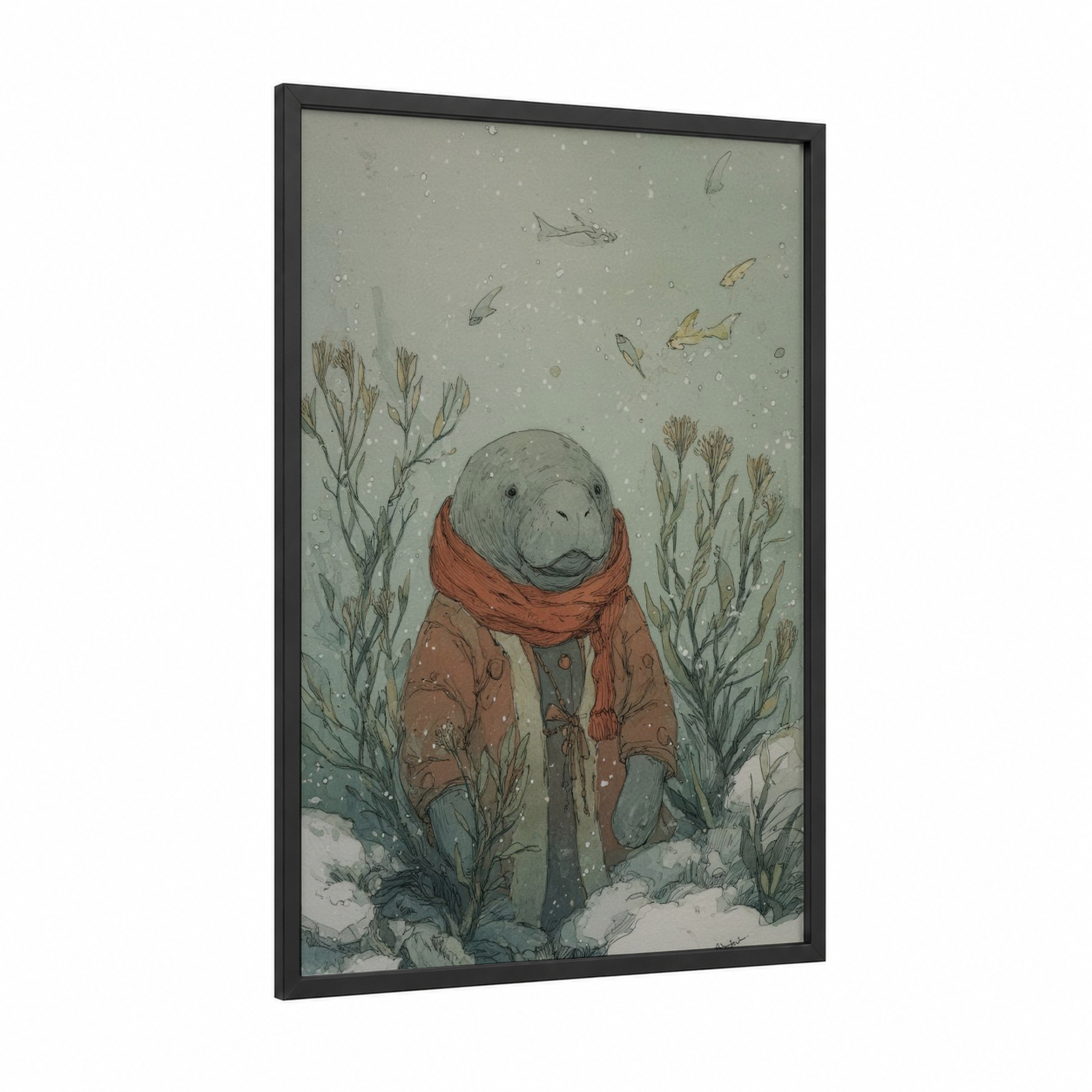 Cozy Manatee Winter framed manatees print — black wood frame — bermuda gray and russet palette