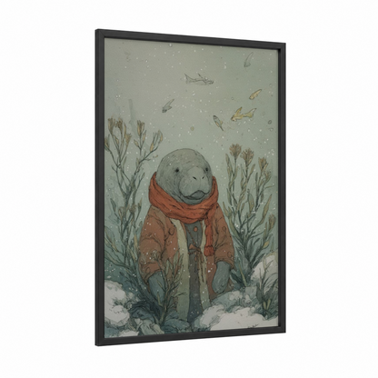 Cozy Manatee Winter framed manatees print — black wood frame — bermuda gray and russet palette