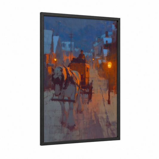 Dusk Clydesdale framed clydesdale horse print — black wood frame — blue and gold palette
