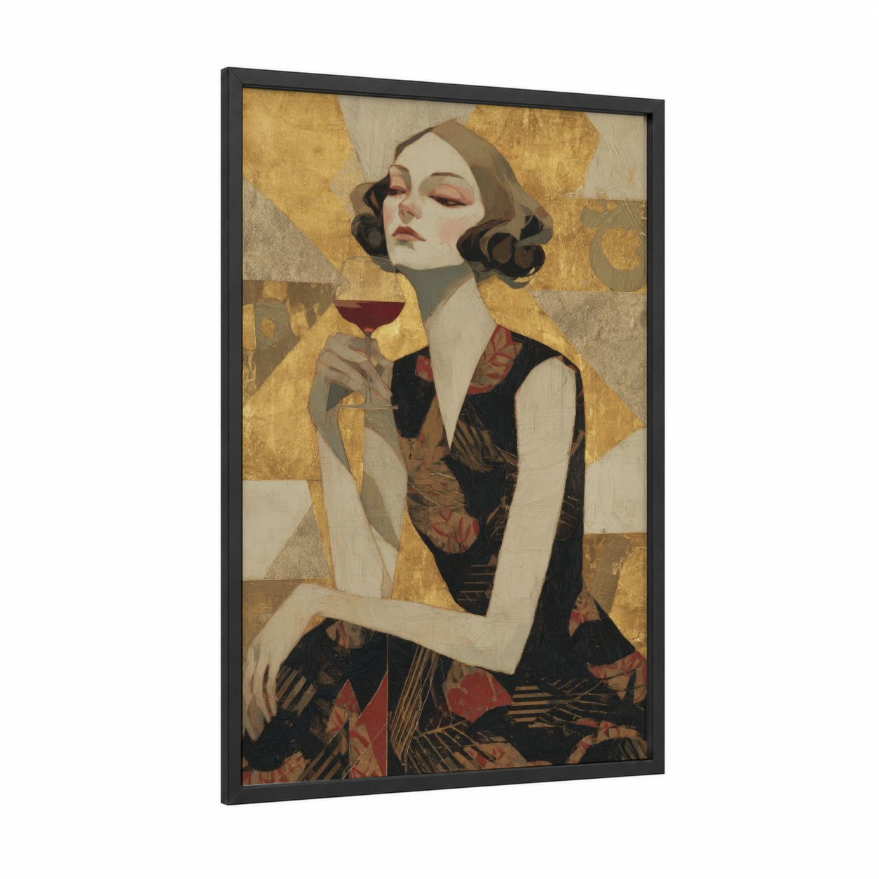 Elegant Wine Portrait framed red wine print — black wood frame — yellow gold and black and gold palette